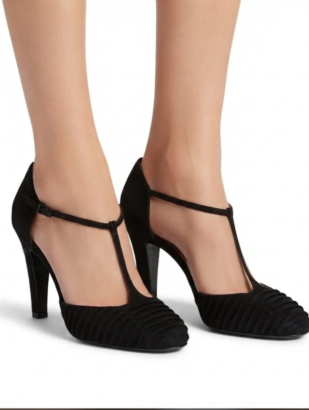 Salvatore Ferragamo Black T‑Strap Pleated Suede Heels Size 9